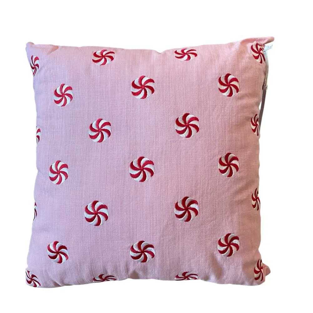 Pinkmas Peppermint Swirl Pillow 20x20 Embroidered Christmas Holiday Decor NEW